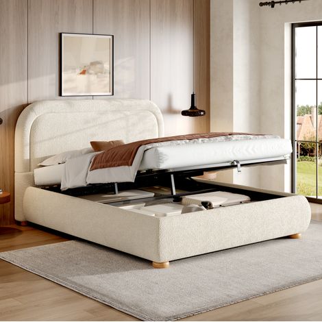 Bett mit Stauraum Bouclé Beige 140x190 cm, inklusive Lattenrost, hydraulischer Bettkasten (1/5)