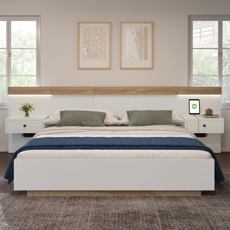 Lit adulte 160x200 cm, Lit double avec chevets suspendus, led et ports usb, cadre en bois, sommier à lattes, chêne + blanc