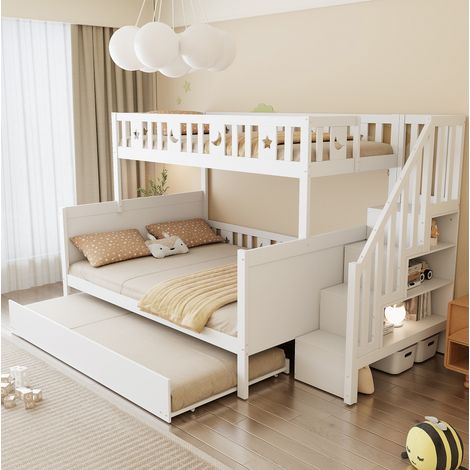 Lit enfant superposé 90x200/140x200 cm avec escalier de rangement et lit gigogne, blanc OKMYHOME (1/5)