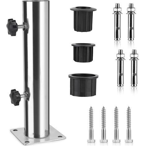 Tube Parasol, Pied de Parasol, Support Parasol en Acier Inoxydable Réglable avec 3 Anneaux de Réduction en PVC (32/38/48mm), Pied pour Parasol avec 8 Clous en Acier (1/5)