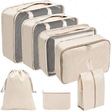 Ensemble de 7 cubes de rangement pour bagages, beige, sacs de rangement de voyage en filet pour valise (1/5)