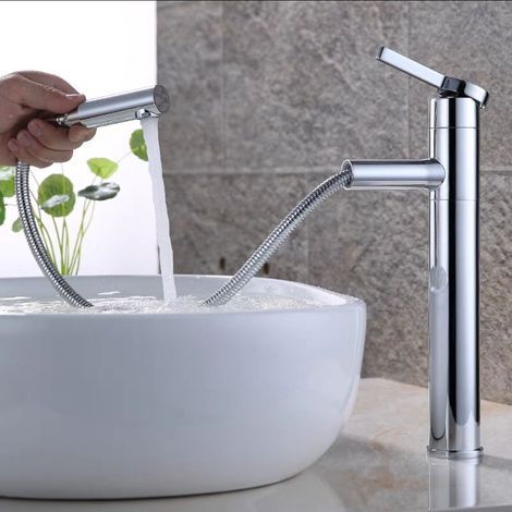 Rubinetto per lavabo da bagno, miscelatore girevole a 360°, bocca alta, estensibile, adatto per lavabi, miscelatore per lavabo in ottone cromato (1/5)