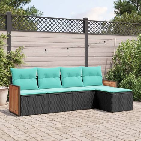 5-teiliges Gartensofa-Set mit Kissen, schwarzes Polyrattan