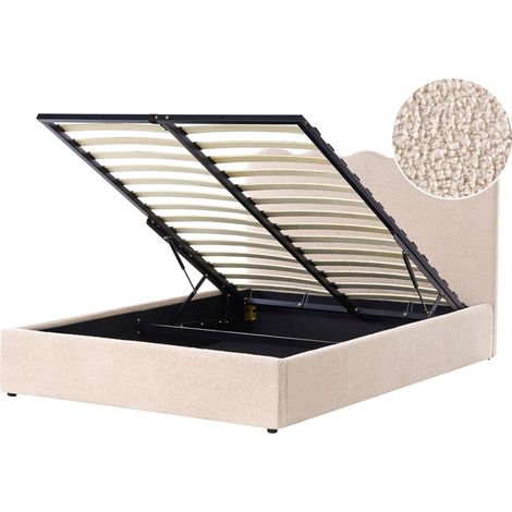 Lit avec Rangement en Bouclé 140 x 200 cm Relevable avec Tête de Lit Sommier à Lattes Beige Nanterre