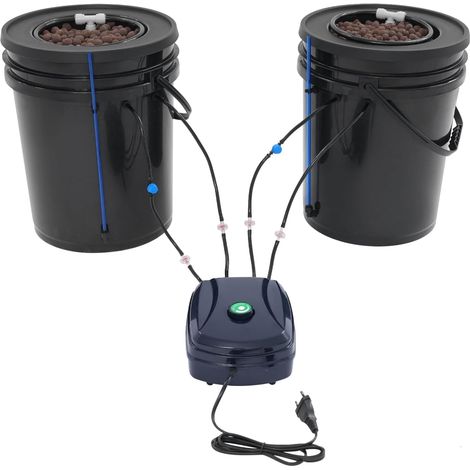 Komplettes DWC-Hydrokultursystem mit 12-W-Luftpumpe, 2 Eimern (5 Gallonen), Hydrokultur-Anbausystem, 2 Blähtonbeuteln und Tropfbewässerungsset.