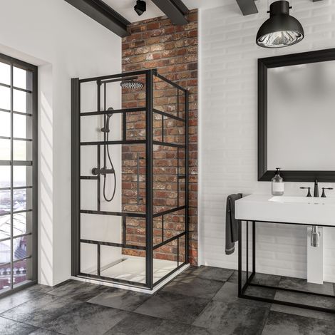 Porte de douche pivotante + paroi de retour fixe, verre 5 mm anticalcaire, style atelier industriel, profilé noir, Schulte, 90 x 90 x 193 cm