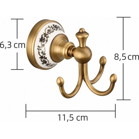 Patère rétro en porcelaine bleue et blanche à 3 crochets en cuivre finition bronze antique pour salle de bain et entrée – Livraison gratuite (1/4)