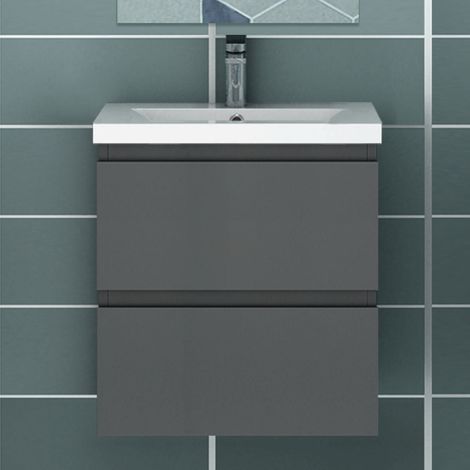 Ocean Sanitaire – Ensemble de meubles de salle de bain anthracite 2 tiroirs – Meuble sous vasque 50x38,5x52cm – Vasque à poser – MDF anti-déformation
