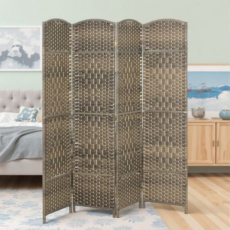 Séparateur de pièce, cloison pliable de 4 pièces, motif de tressage, bois de pin, noir lavé (1/5)