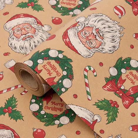 Rouleau de 15 m de papier cadeau pour Noël, 43 cm de papier cadeau Kraft recyclable imprimé avec le Père Noël pour la décoration de cadeaux de Noël et d'anniversaire (1/4)