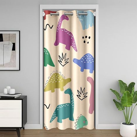 Rideau de Porte Dinosaure pour Enfants - Occultant Animaux Sauvages, de Placard Aquarelle Dinosaures Gribouillis Lignes - Traitement de Fenêtre Faune Flore, 86x203 cm - 86L X 203H cm (1 Panneaux) (1/5)