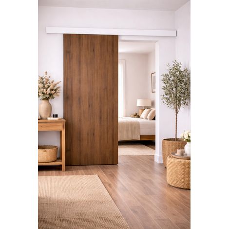 Porte Coulissante Décor Noyer Light Walnut H204 X L93 Cm, Rail Alu Bandeau Blanc Gd Menuiseries