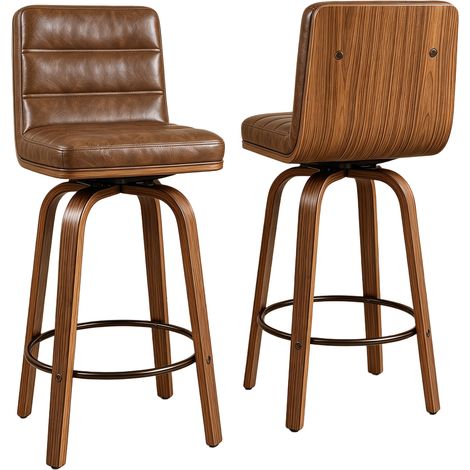 Sgabello da bar girevole con rivestimento in similpelle e gambe in legno curve, sedia girevole a 360° per cucina, bar e bancone. (1/5)