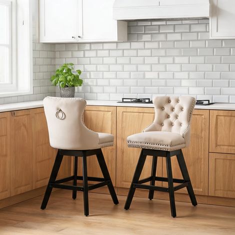Tabouret de bar pivotant en velours beige avec dossier capitonné (1/5)