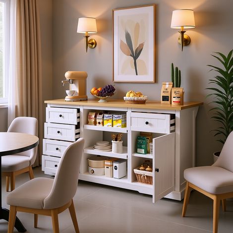 URBAN MEUBLE Buffet de cuisine blanc avec 5 tiroirs, 2 étagères coulissantes, plateau rabattable et prises et ports USB 150x65x75.5cm
