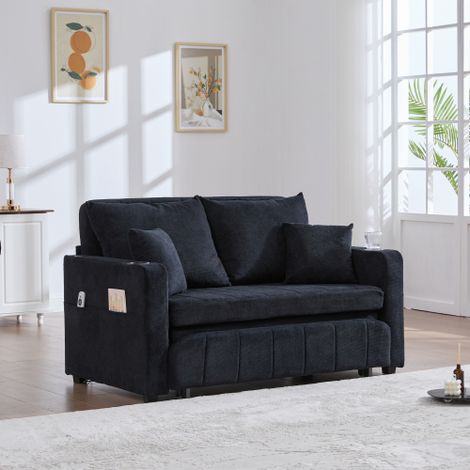 Canapé en tissu multifonction, Canapé pliable extensible (Double usage Canapé/Lit) — Avec poches de rangement sur les accoudoirs, port de charge USB et porte-gobelets (Tissu chenille noir)