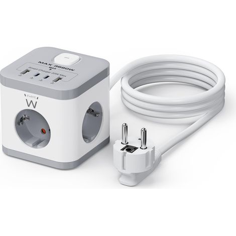 USB Cube 7-in-1 Multiprise, 3 Prises Schuko, 2 USB-C et 2 Prises USB, Bloc Multiprise 3680W 16A avec Interrupteur, Cable 1,5m pour Maison, Bureau, pour appareils électroménagers - Blanc/Gris (1/5)