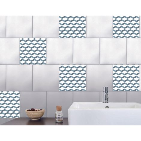 Sticker carrelage adhésif 3D x6, cubes bleus 15x15cm, décoratif autocollant, effet trompe l'oeil, décoration murale intérieure. (1/4)