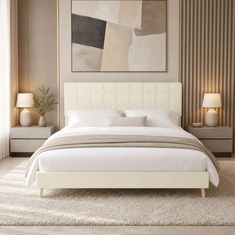 Lit rembourré beige 160x200 avec tête de lit capitonnée à carreaux et pieds en bois (1/5)
