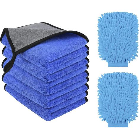 Kit de nettoyage auto 7 pièces : 5 lingettes microfibre + 2 gants lavage chenille absorbants (1/5)