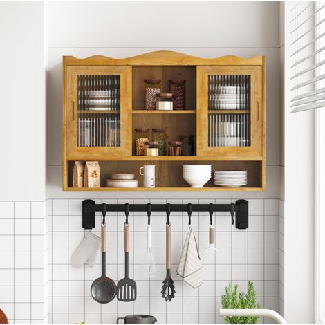 Mueble de almacenamiento mural 2 puertas correderas 90 x 20 x 60 cm madera y cristal, natural HAVRYA (1/5)