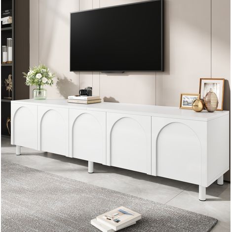 Mueble para TV de 180 cm para salón, mueble bajo para TV con 5 puertas, gestión de cables, patas metálicas, MDF blanco (1/5)
