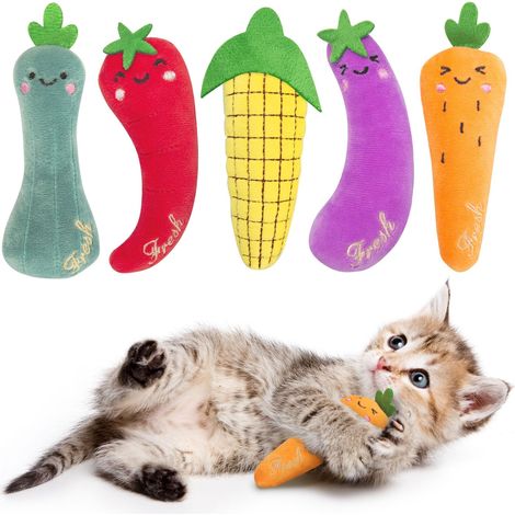Jouets à herbe à chat, lot de 5 jouets en peluche en forme de légumes pour chats et chatons d'intérieur, jouets interactifs à attraper et à mâcher, jouets doux et sûrs pour le brossage dentaire à la h (1/5)