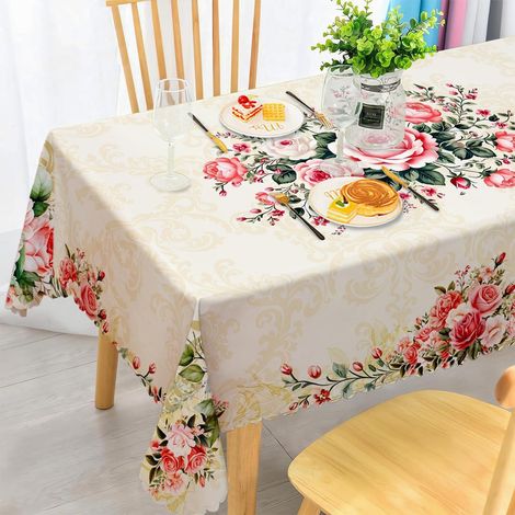 Rechteckige Tischdecke 140x300 cm Rosen Muster Wetterfest Abwaschbar für 10-12 Personen