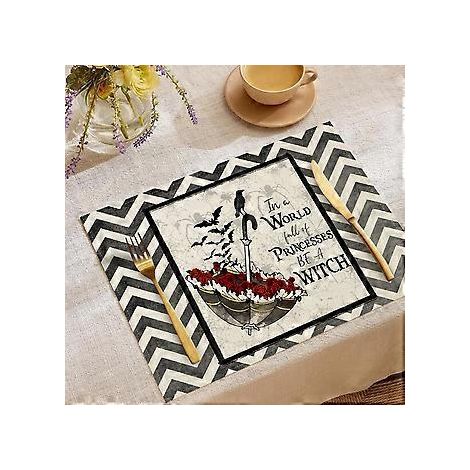 Halloween-Tischsets aus Leinen, Serie „Süßes oder Saures“, Kombinations-Tischsets, Restaurant-Festtagsdekoration, Geschirr-Isolierunterlagen (YMCD-43)