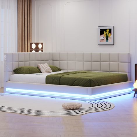 Divano letto 160x200cm robusto rete a doghe ptata 250kg comodità USB LED lino beige per salotto (Senza materasso)