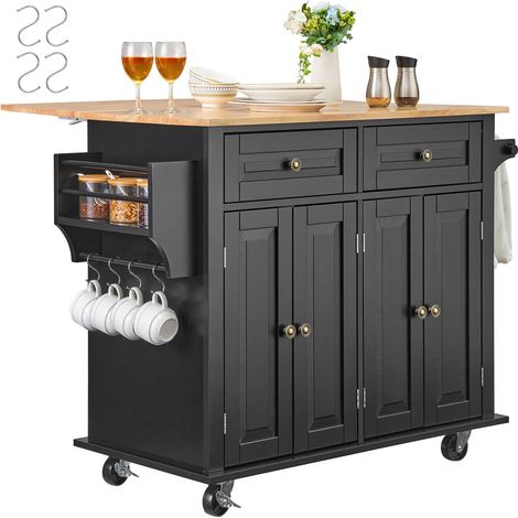 Îlot de cuisine roulant, plateau en bois 43", rangement, table escamotable, étagère réglable, tiroir, porte-serviettes, crochets, noir. (1/5)