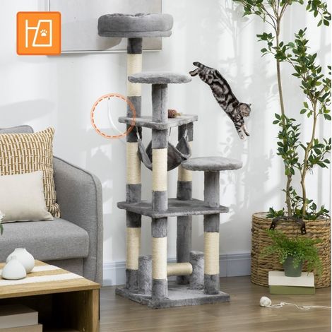 Árbol para gatos de sisal y felpa gris con 3 plataformas para rascar, descansar y trepar 40 x 40 x 132 cm (1/5)