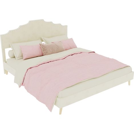 Lit moderne minimaliste moelleux 160x200 cm beige avec tête de lit rembourrée, sommier bas intégré et matelas inclus – chambre à coucher (1/4)