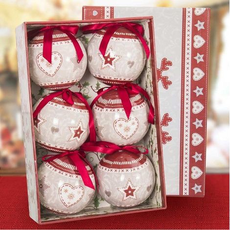 TrAdE Shop Traesio - Set 6 Palline Natalizie Stampa Cuore Stelle 7,5cm Con Nastro Decorazioni Natale - (1/3)