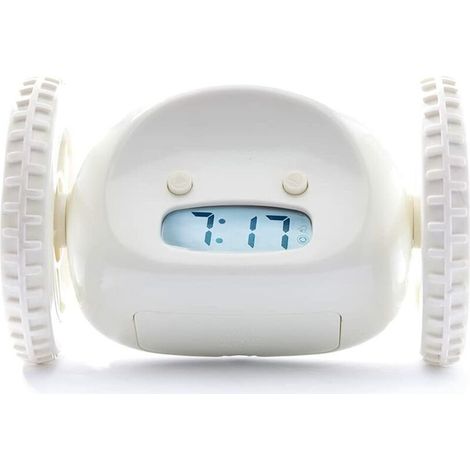 Wecker auf Rädern. extra laut für schwere Schläfer. Erwachsene oder Kinder. Schlafzimmer. Roboteruhr. lustig. rollend. weglaufend. bewegend. springen. weiß