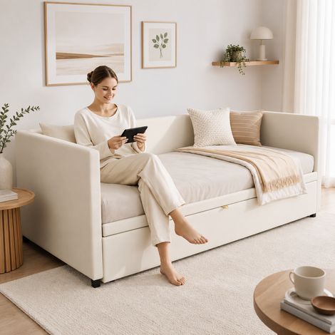 Canapé convertible 2 places 90/180x200 cm, lit banquette avec sommier, lit gigogne capitonné en velours, Canapé clic clac avec cadre métallique, Canapé 2-en-1 pour chambre ou salon, Beige