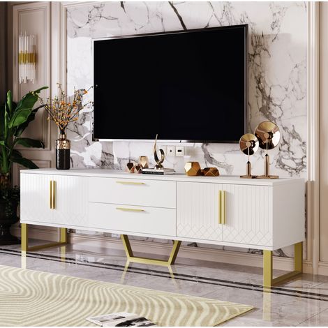 REDOM - Meuble TV 170x40x53.5 cm, 4 portes, finition brillante, pieds dorés, MDF blanc (1/5)