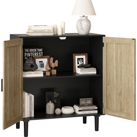 Meuble de rangement 2 portes en paille tressée, structure en MDF et bois, noir, avec poignées pratiques et sécurité anti-basculement  CHICFURN (1/5)