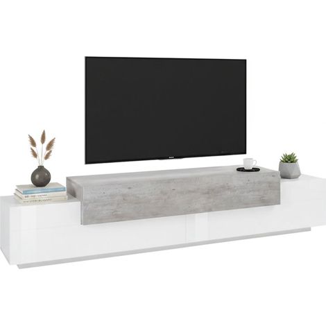 Dmora Wohnzimmer TV-Ständer, Made in Italy, TV-Ständer mit 3 Türen und Regalen, 240x45h52 cm, Weiß glänzend und Zementfarbe