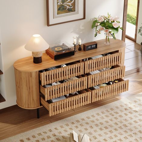 Buffet 160x40x70cm 6 tiroirs lattes ajourées MDF pieds métal 70kg bois naturel (1/5)