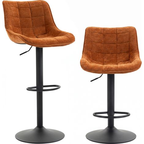 Ensemble de 2 tabourets de bar pivotants et réglables avec base en métal et dossier en velours, orange (1/5)