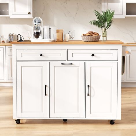 Îlot de cuisine mobile avec espace repas extensible, prises électriques et compartiment poubelle blanc (1/5)