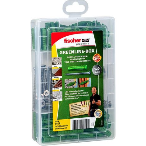 FISCHER 531227 MEISTER-BOX GREENLINE A2, CONTENIDO: 50 6 X 30, 30 GREEN 8 X 40, 25 4,5 X 50, 15 ACERO INOXIDABLE 5,0 X 60, TORNI (1/4)
