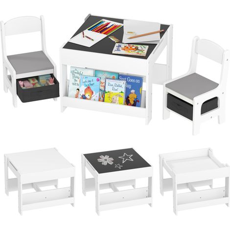 3-teiliges Kindertisch-Set mit 2 Stühlen, wendbarer Kreidetafel-Tischplatte, Aufbewahrungskorb und Regalen