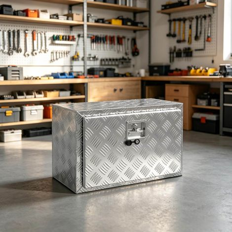 Caja de almacenamiento para camión de aluminio 76 L con cerradura y 2 llaves, plateada DESVIAE (1/4)