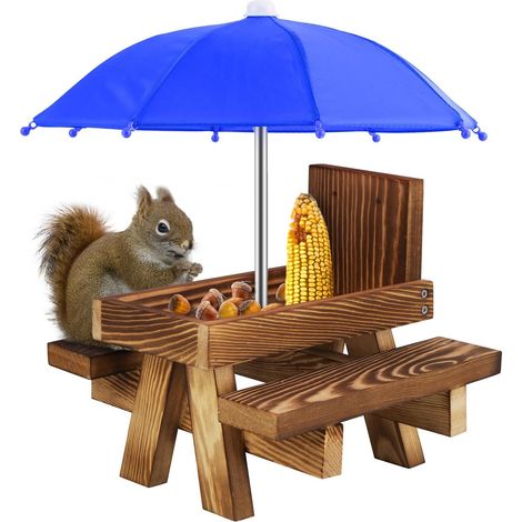 1 Mangeoire écureuil, Bois, Table avec parapluie, Pointe maïs, Trou drainage, Jardin extérieur (1/5)