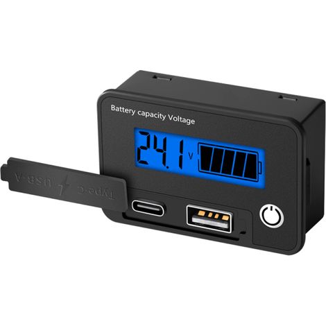 Voltmètre numérique à deux fils 8-30 V CC, testeur de capacité de batterie, voltmètre à double sortie USB-C/A, affichage numérique, alarme de basse tension et fonction de mémorisation des coupures de (1/5)