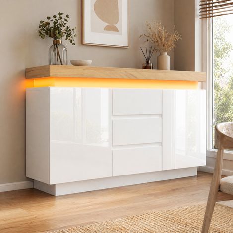 CHICFURN Cassettiera 140 x 39 x 81 cm in truciolare e MDF bianca, 2 ante, 3 cassetti, LED (1/5)