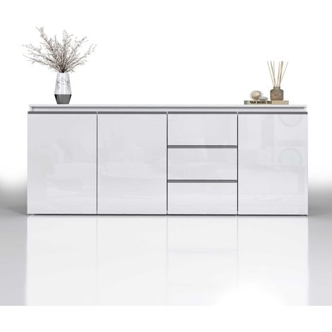 WHOUS - Credenza MAGIC per Soggiorno 200x40x85 cm - Madia Soggiorno Moderna con 3 Ante e 3 Cassetti - Credenza in Legno Riciclato - Bianco Laccato Lucido (1/5)