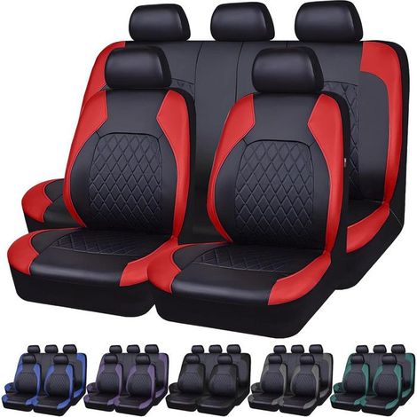 Housses de Siège Auto Universelles Complet, Lot de 9 Couvre Sièges en PU Cuir, Protection pour Voiture SUV Camion,Rouge (1/5)